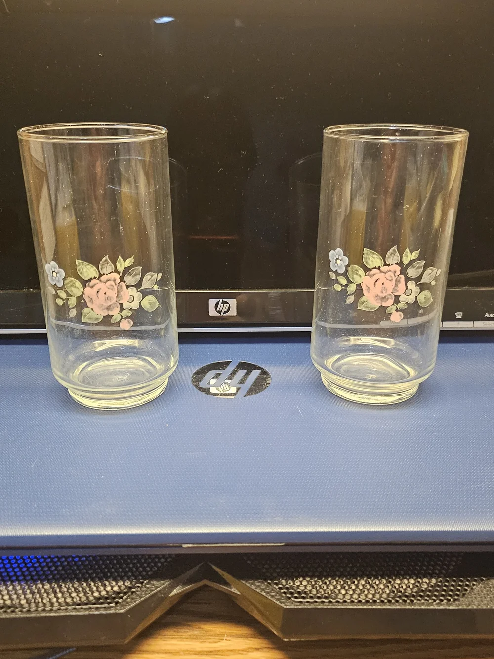 Pair Of Pfaltzgraff Clear Glass Tumblers with Pink Rose and Green Leaves